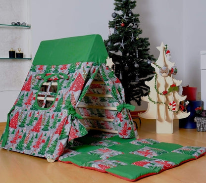 Red Oceanus climbing triangle with tent cover, mat, and ramp for kids, showing a colorful indoor play furniture setup