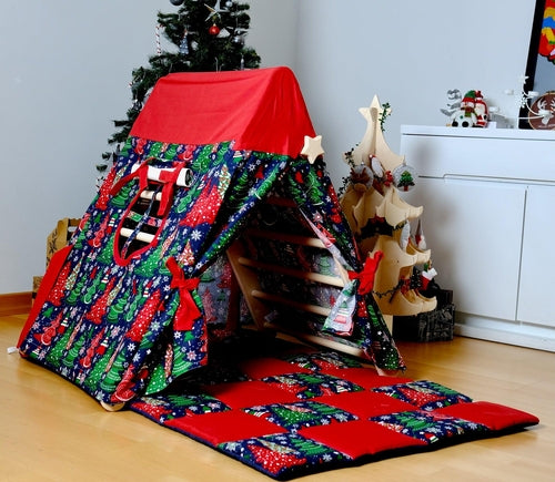 Red Oceanus climbing triangle with tent cover, mat, and ramp for kids, showcasing a colorful and versatile children&
