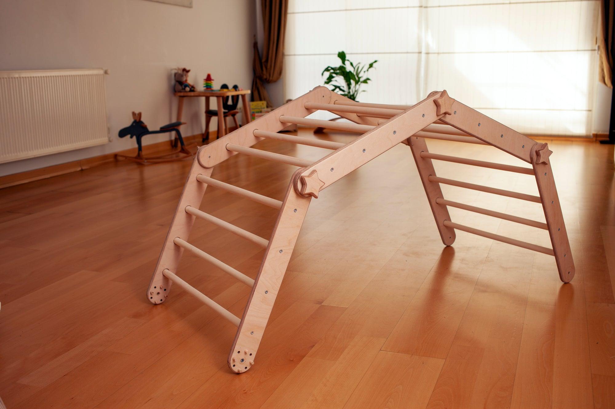 Red Oceanus transformable climbing cube with ramp, versatile furniture piece for climbing and play in a modern home setting.