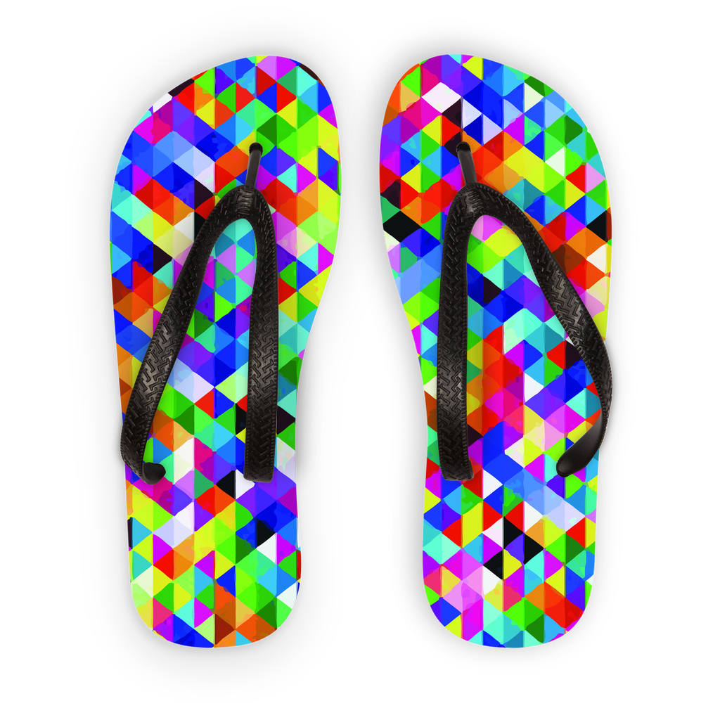 Colorful geometric pattern adult flip flops by Scorpius with vibrant, eye-catching design and comfortable sandal style.