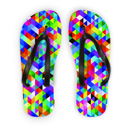 Colorful geometric pattern adult flip flops by Scorpius with vibrant, eye-catching design and comfortable sandal style.