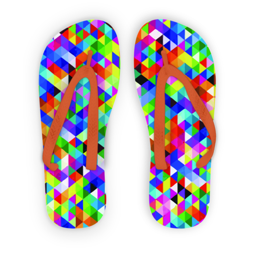 Colorful geometric pattern adult flip flops by Scorpius, featuring vibrant modern sandal design with bold shapes.
