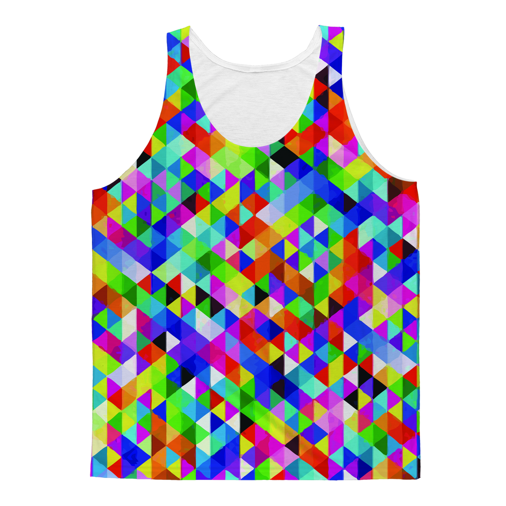 Colorful geometric blast design on Sky Felix classic sublimation adult tank top, vibrant and stylish T-shirt for casual wear.