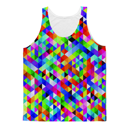 Colorful geometric blast design on Sky Felix classic sublimation adult tank top, vibrant and stylish T-shirt for casual wear.