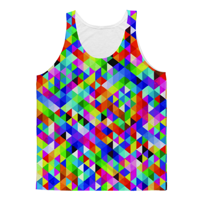 Colorful geometric blast design on Sky Felix sublimation adult tank top, featuring vibrant shapes and bold colors.