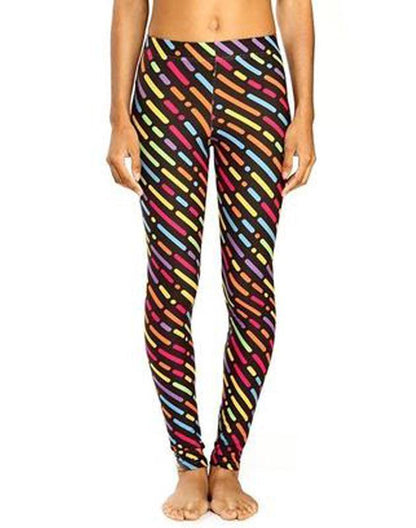 Colorful Rain Leggings by Sky Felix featuring vibrant, multicolored patterns on a stretchy, comfortable T-shirt fabric.