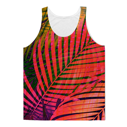 Colorful tropical leaves design on Sky Felix classic sublimation adult tank top, showcasing vibrant leaf patterns.