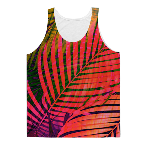 Colorful tropical leaves print on Sky Felix classic sublimation adult tank top, front view showing vibrant leaf design.