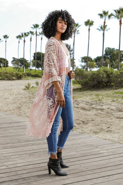 Contrast mesh cotton lace kimono by Periwinkle Aether, featuring delicate lace details and lightweight, breathable fabric.