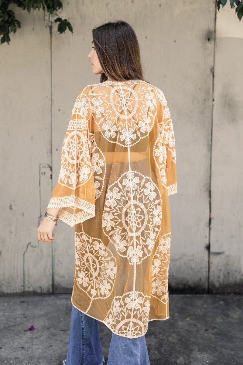 Contrast mesh cotton lace kimono from Periwinkle Aether, featuring delicate lace details and lightweight, breathable fabric.