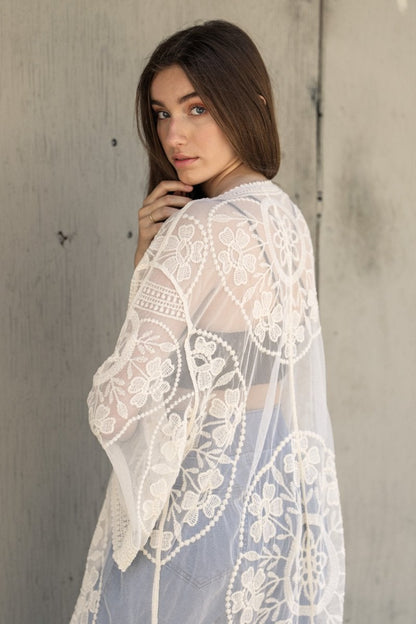 Contrast mesh cotton lace kimono by Periwinkle Aether featuring delicate lace details and lightweight, breathable fabric.