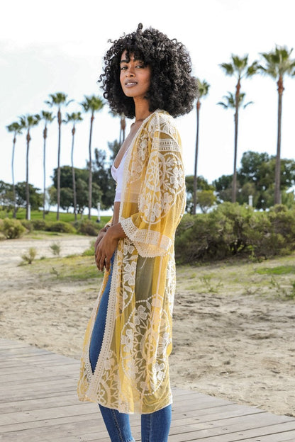 Contrast mesh cotton lace kimono from Periwinkle Aether, featuring delicate lace details and lightweight, breathable fabric.