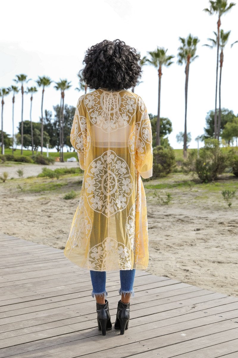 Contrast mesh cotton lace kimono from Periwinkle Aether, featuring delicate lace details and lightweight, breathable fabric.
