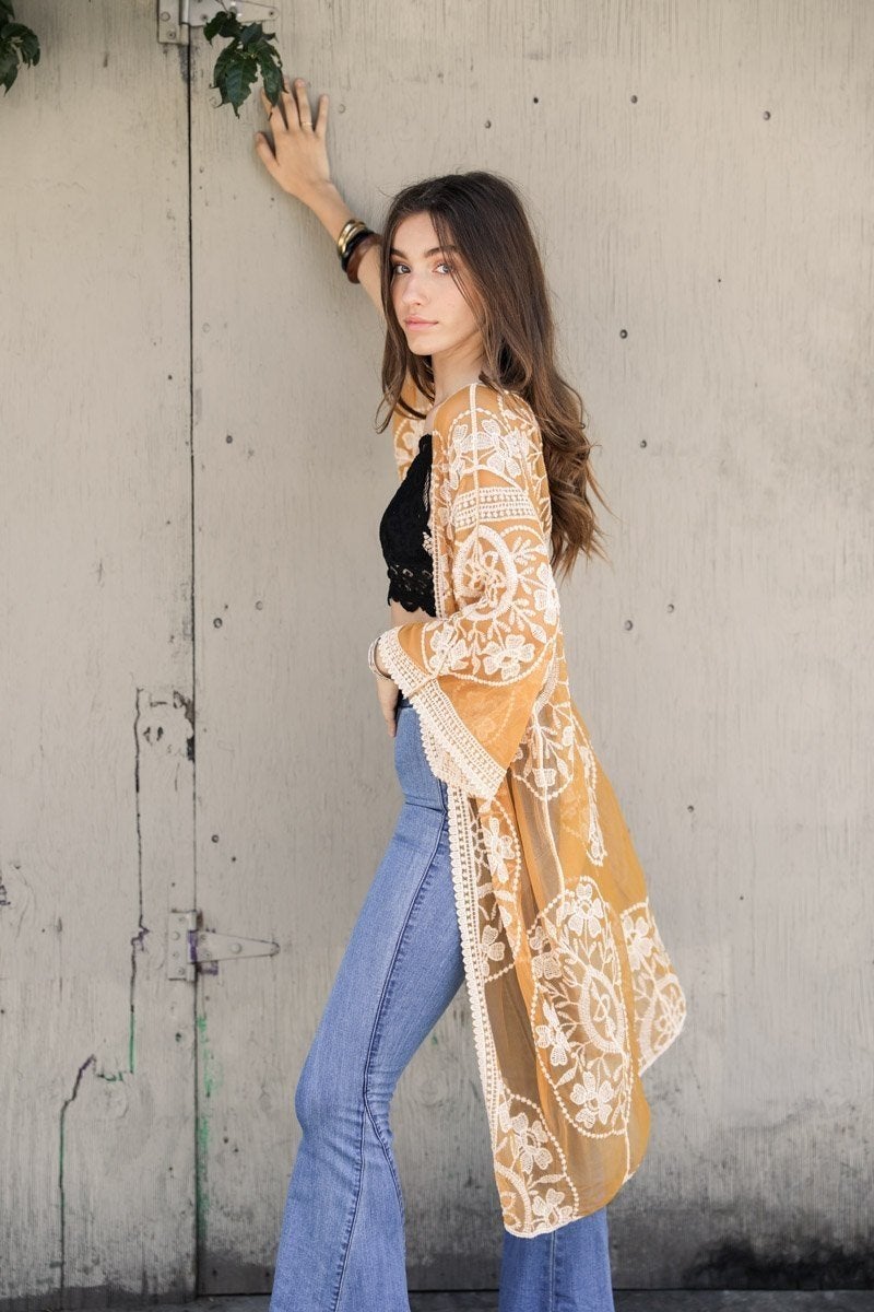 Contrast mesh cotton lace kimono by Periwinkle Aether, featuring delicate lace and lightweight mesh fabric for an elegant accessory.