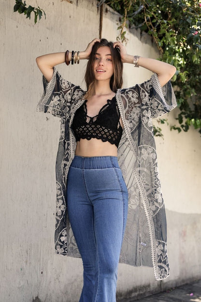 Contrast mesh cotton lace kimono from Periwinkle Aether, featuring delicate lace details and lightweight, breathable fabric.