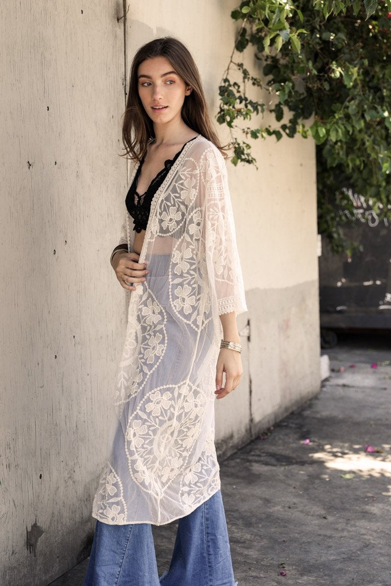 Contrast mesh cotton lace kimono from Periwinkle Aether, featuring delicate lace details and lightweight, sheer fabric.