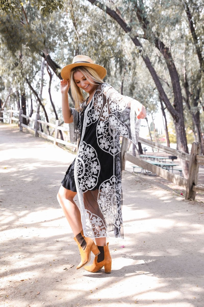 Contrast mesh cotton lace kimono accessory by Periwinkle Aether featuring delicate lace details and lightweight fabric.