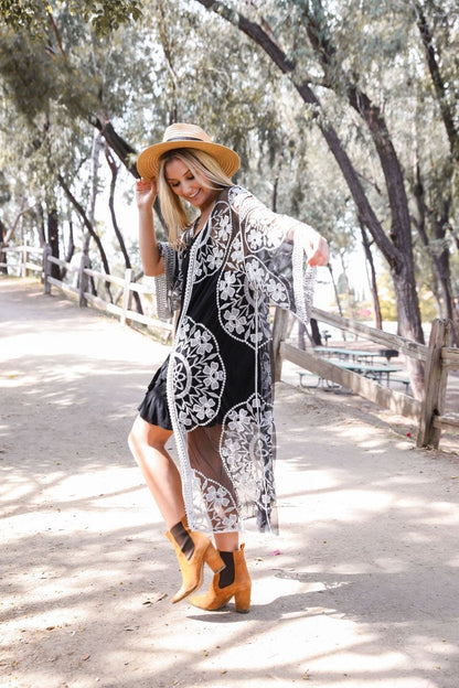 Contrast mesh cotton lace kimono accessory by Periwinkle Aether featuring delicate lace details and lightweight fabric.