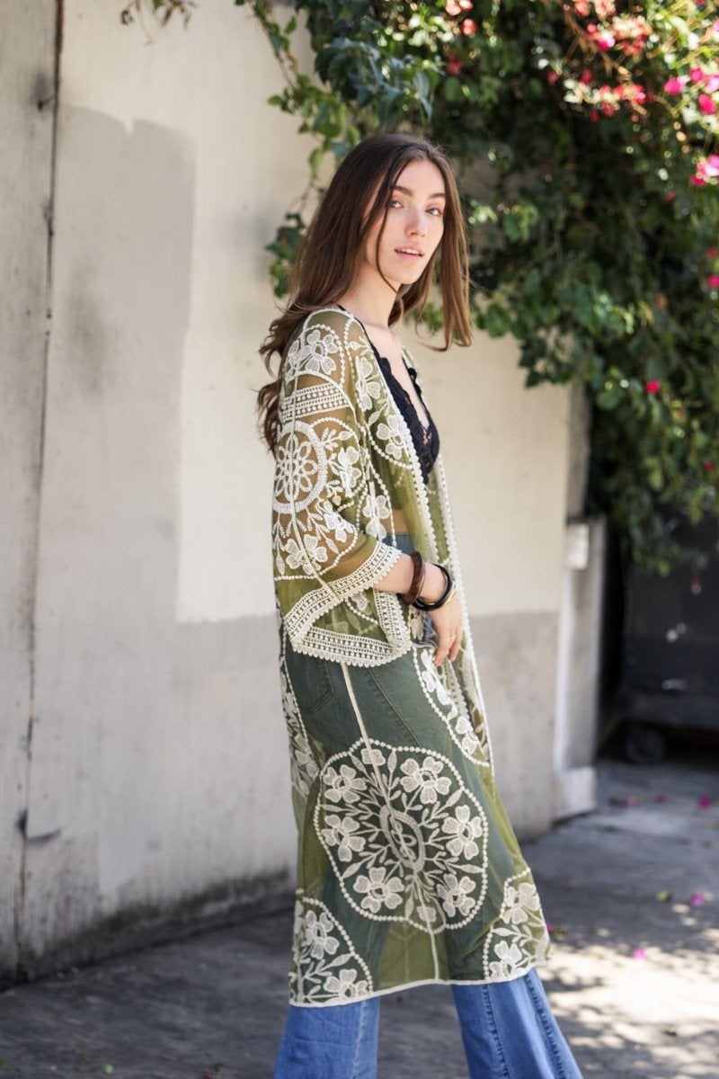 Contrast mesh cotton lace kimono accessory by Periwinkle Aether with delicate lace details and lightweight, breathable fabric.