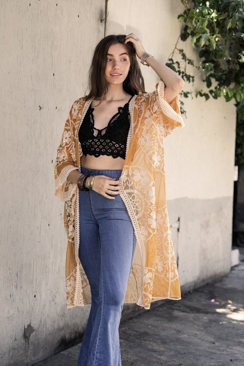 Gold contrast mesh cotton lace kimono from Periwinkle Aether, featuring delicate lace and lightweight fabric.