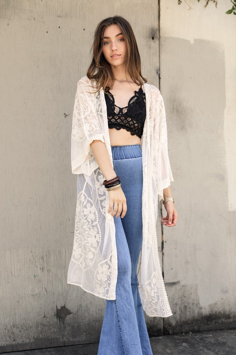 Ivory contrast mesh cotton lace kimono accessory by Periwinkle Aether, featuring delicate lace and lightweight mesh fabric.