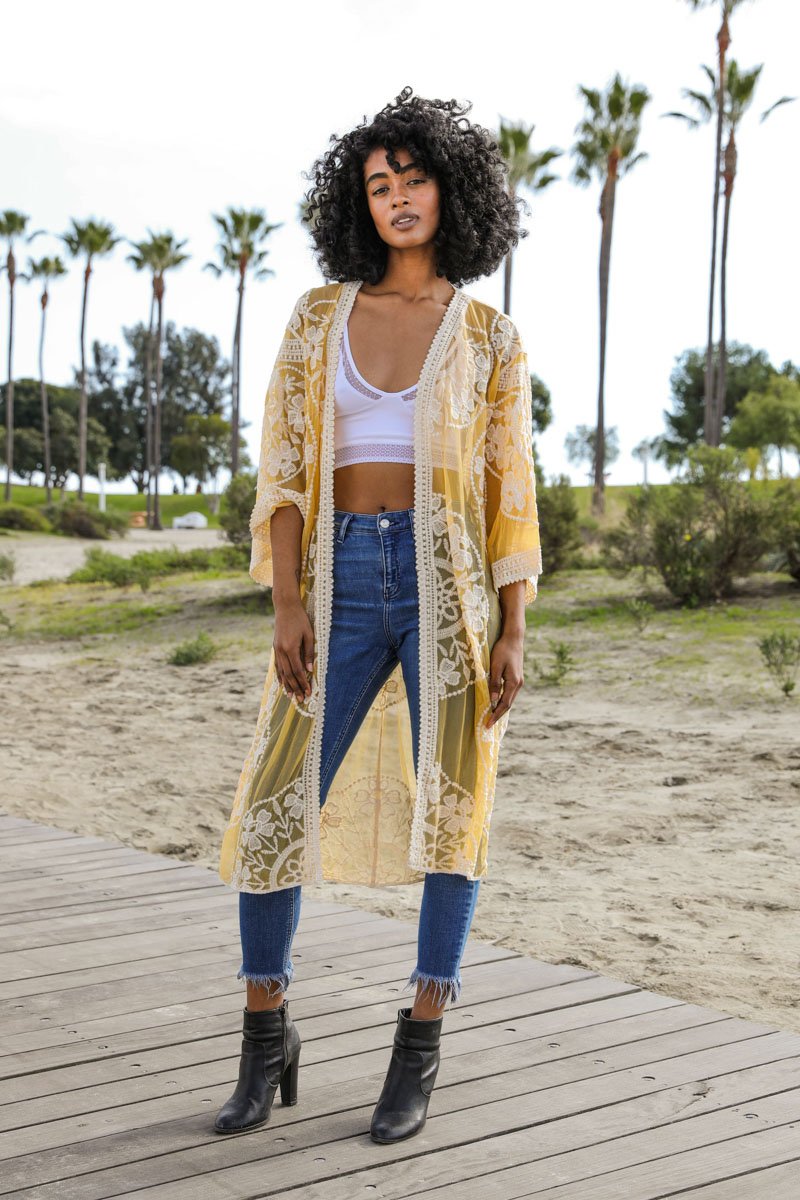 Mustard contrast mesh cotton lace kimono accessory by Periwinkle Aether with delicate lace details and lightweight fabric.