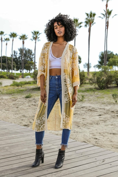 Mustard contrast mesh cotton lace kimono accessory by Periwinkle Aether, featuring delicate lace detail and lightweight fabric.