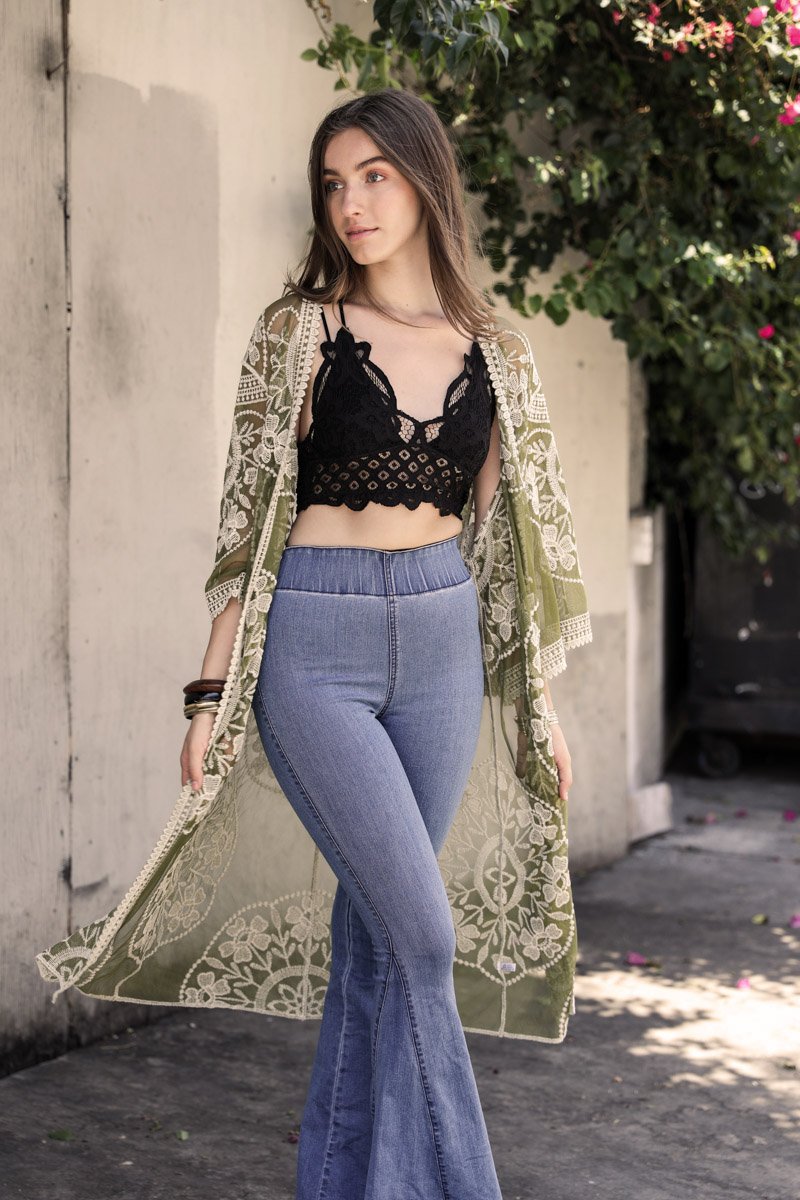 Olive green contrast mesh cotton lace kimono accessory with delicate lace details, stylish and lightweight for casual wear.