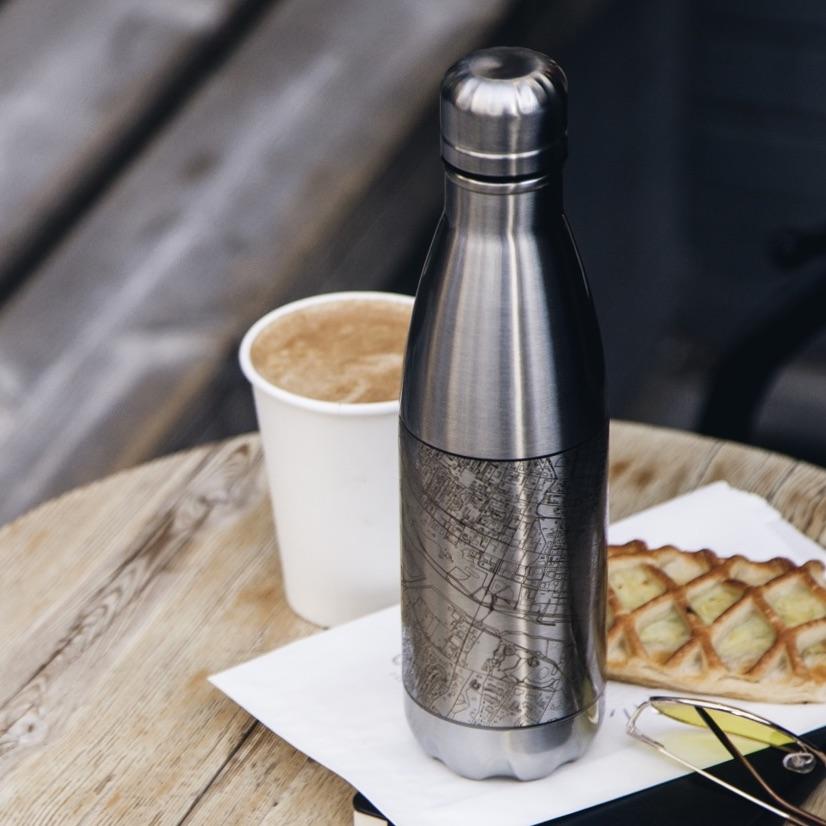 Cyan Castor Cormorant Lake Manitoba map insulated bottle with colorful lake and landscape design, houseware item for beverages