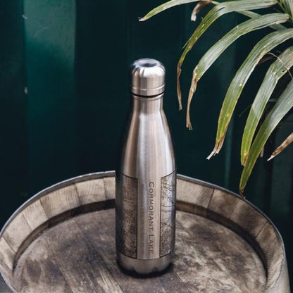 Cyan Castor Cormorant Lake Manitoba map insulated bottle, housewares with vibrant lake and map design, ideal for on-the-go hydration.