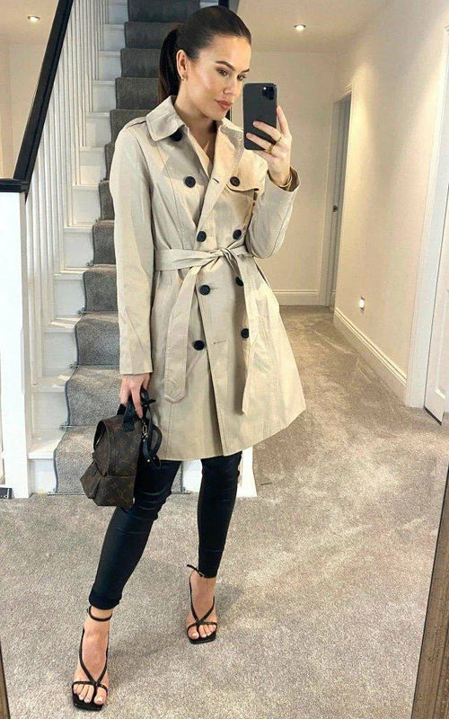 Beige cotton blend belted trench coat by Rose Eleusis, stylish jacket with waist belt and classic design.