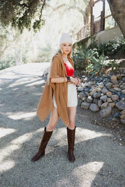 Cozy soft waffle hooded ruana in camel color, from Periwinkle Aether, featuring a warm, comfortable design and one-size fit.