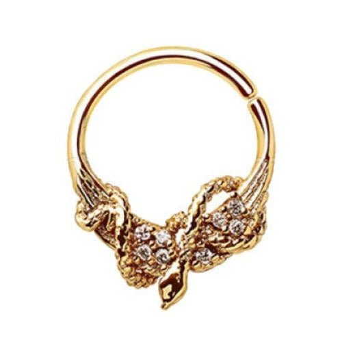 Gold plated jeweled wings and snake septum ring by Peridot, seamless jewelry with intricate design for stylish body adornment.