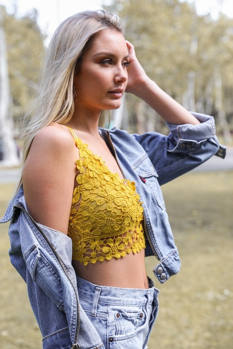 Crochet Daisy Longline Bralette by Periwinkle Aether, featuring delicate crochet daisies and a longline design, perfect for accessories.