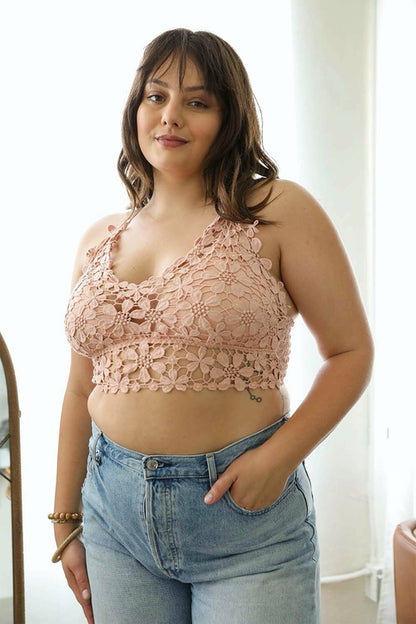 Crochet Daisy Longline Bralette by Periwinkle Aether, pink floral design, soft crochet fabric, worn as a stylish accessories piece.