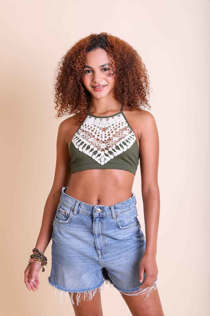 Crochet lace high-neck bralette with halter style and cross-back design, featuring delicate lace details by Periwinkle Aether.