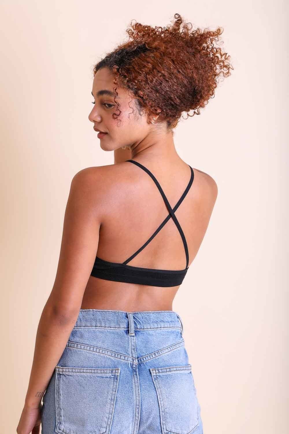 Crochet lace high-neck halter bralette with cross-back design by Periwinkle Aether, featuring intricate lace details and a stylish fit.