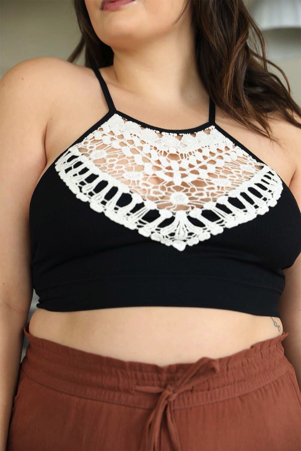 Crochet lace high-neck bralette by Periwinkle Aether featuring halter style and cross-back design, perfect for lingerie and underwear.