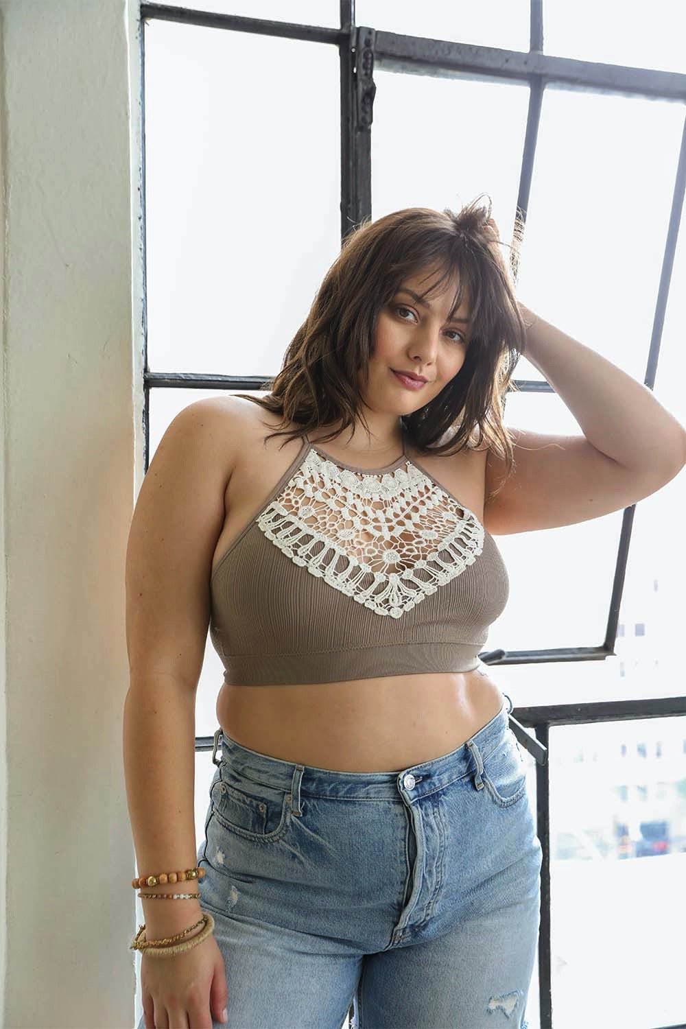 Mocha crochet lace high-neck halter bralette with cross-back design by Periwinkle Aether, lingerie and underwear.