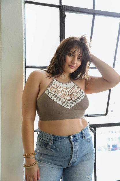 Mocha crochet lace high-neck halter bralette with cross-back design by Periwinkle Aether, lingerie and underwear.