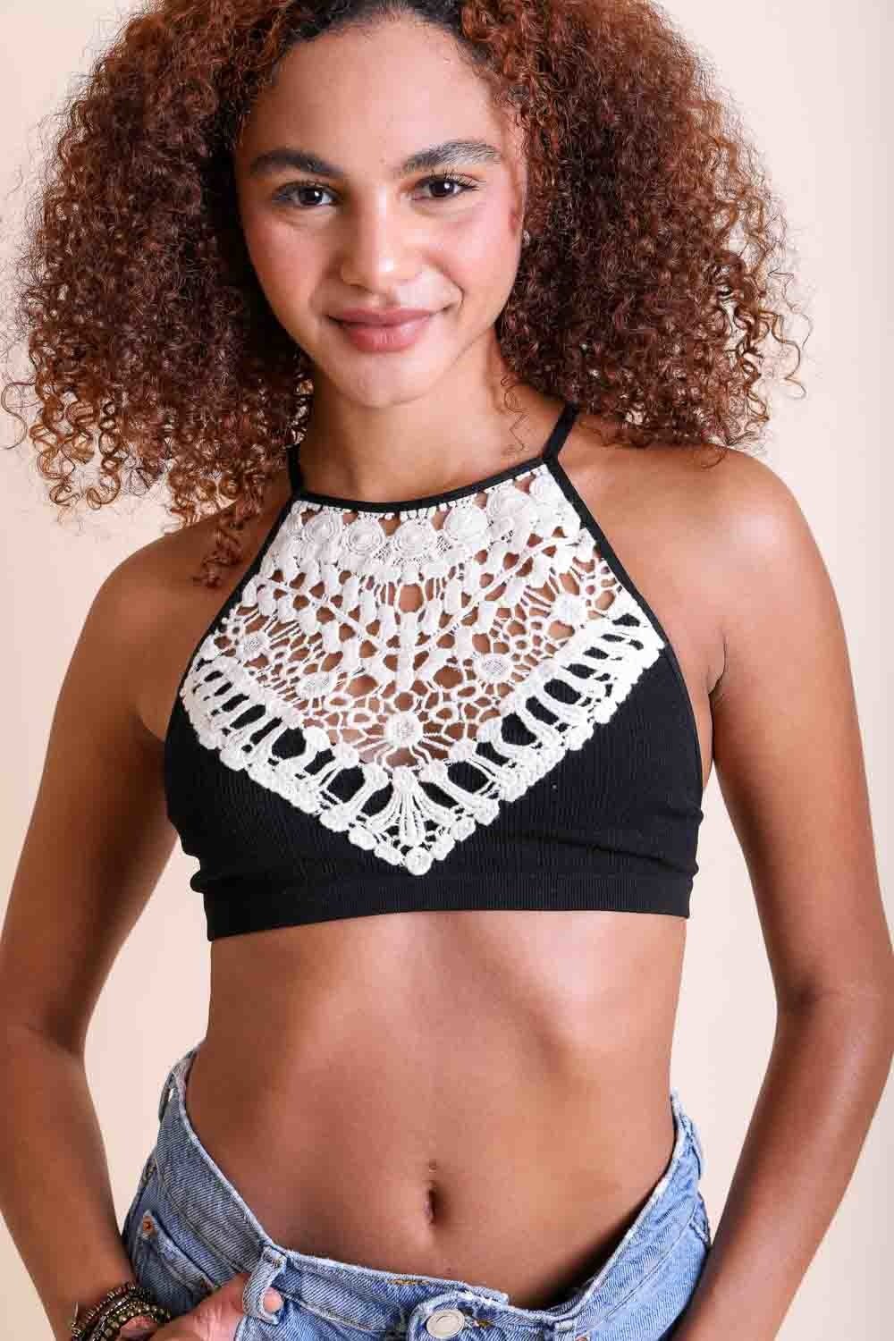 Black crochet lace high-neck bralette with halter style and cross-back details, by Periwinkle Aether.