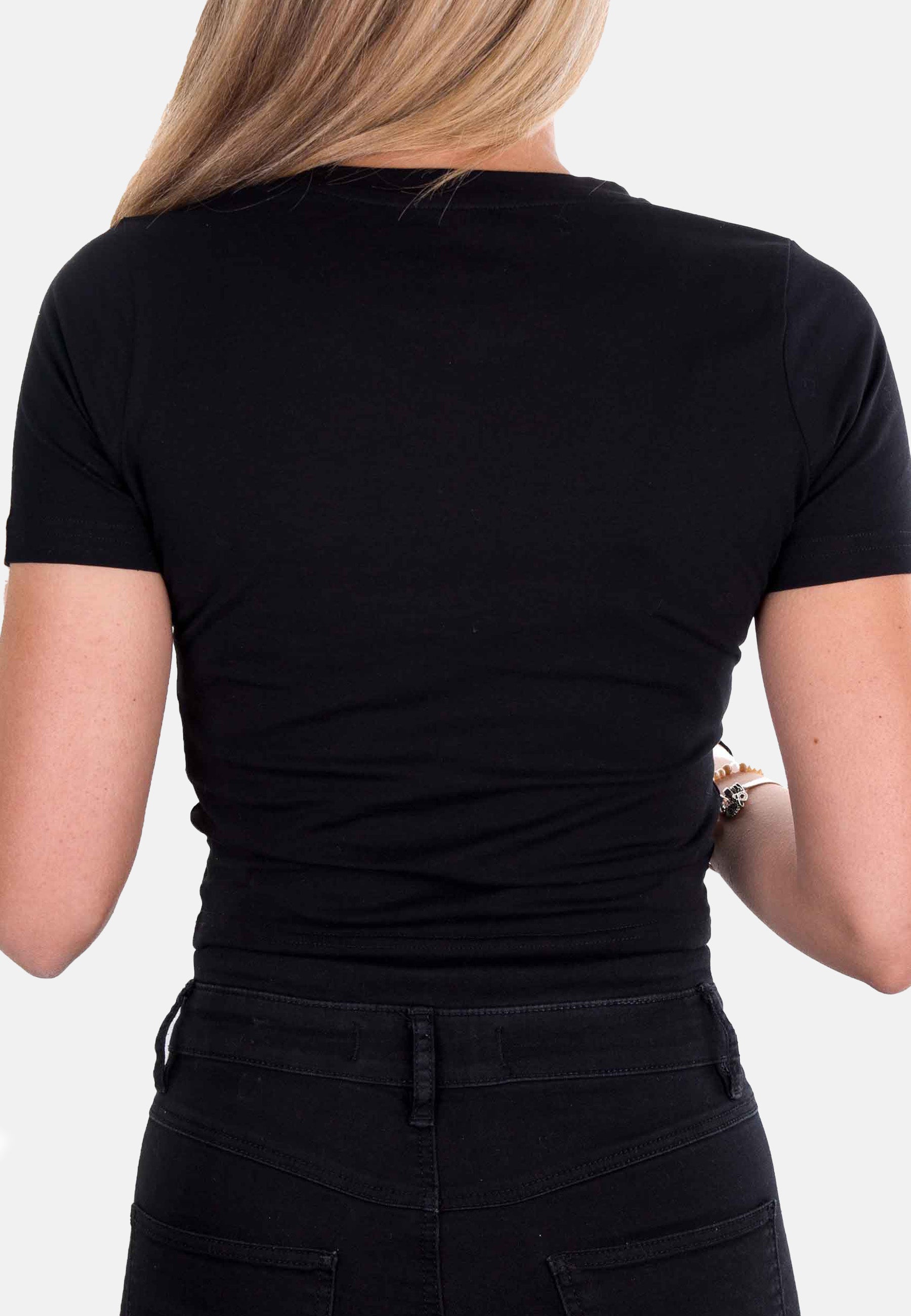Black striped crop top for women by Pear Juniper, shown from the back with a fitted style and bold pattern.