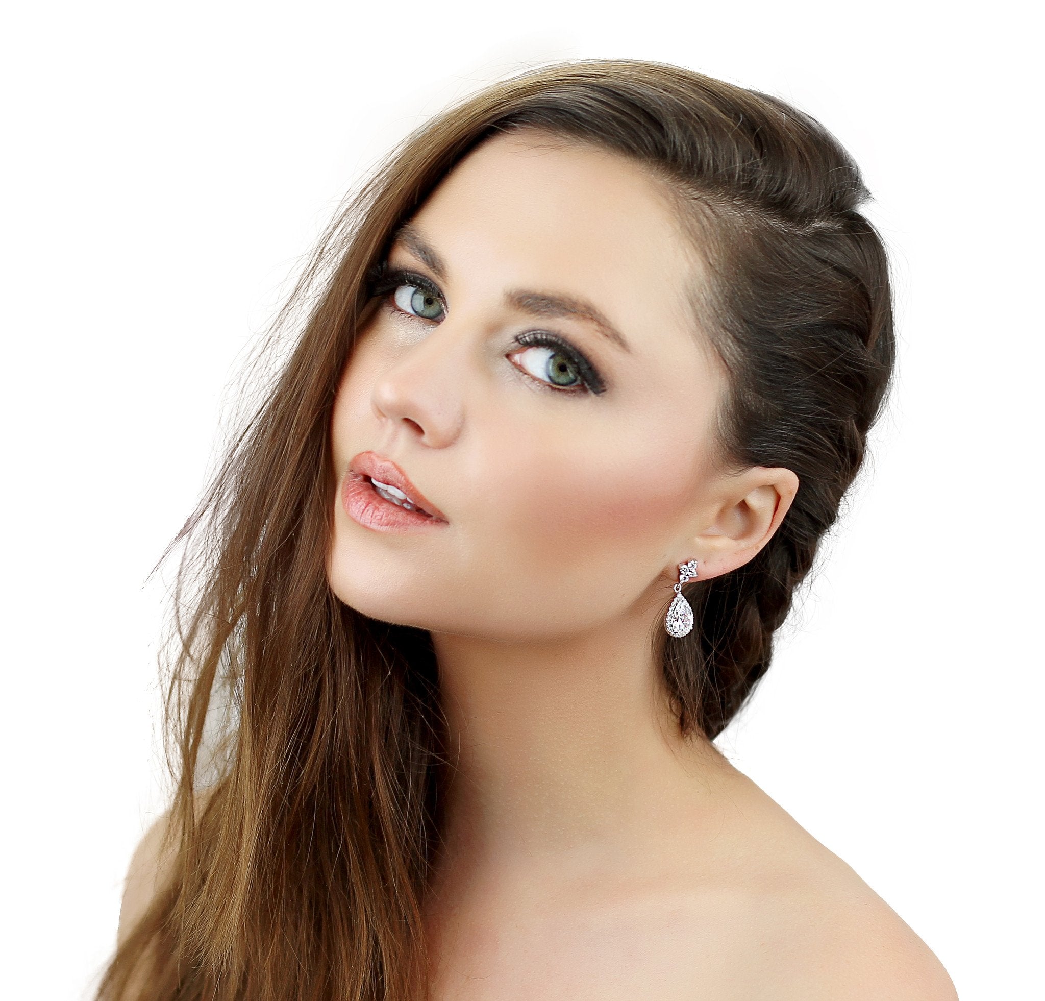 Cyan Ismene crystal teardrop earrings with sparkling clear CZ stones, elegant jewelry accessory for special occasions.
