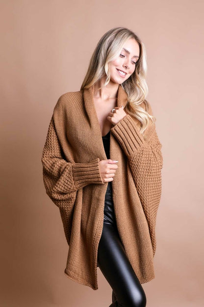 Start2Finish cozy bat sleeve knit cardigan in camel, featuring a cute, cuddly design and one-size fit.
