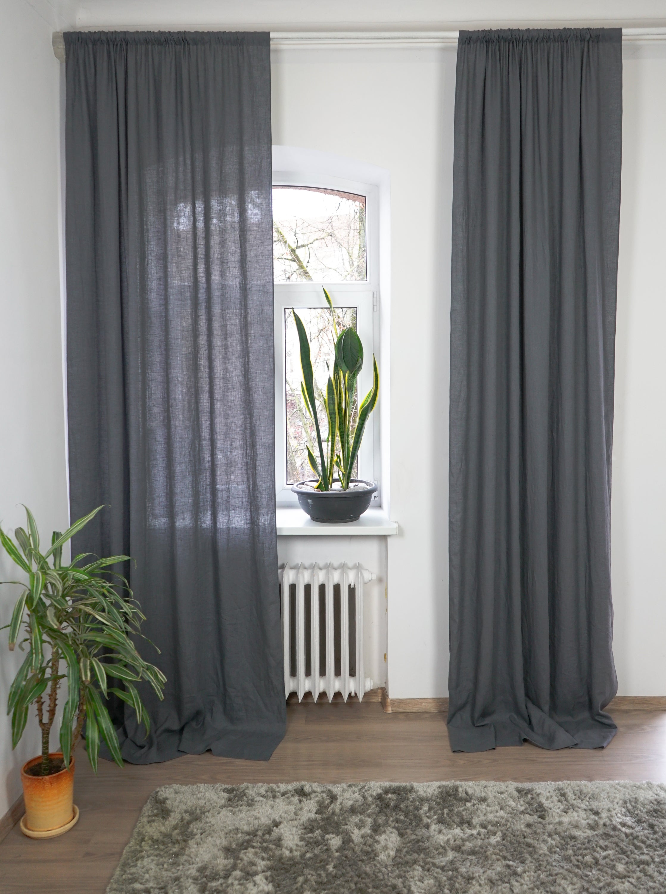 Grey linen curtain with rod pocket from Magenta Sugarplum, showcasing elegant home decor window treatment.
