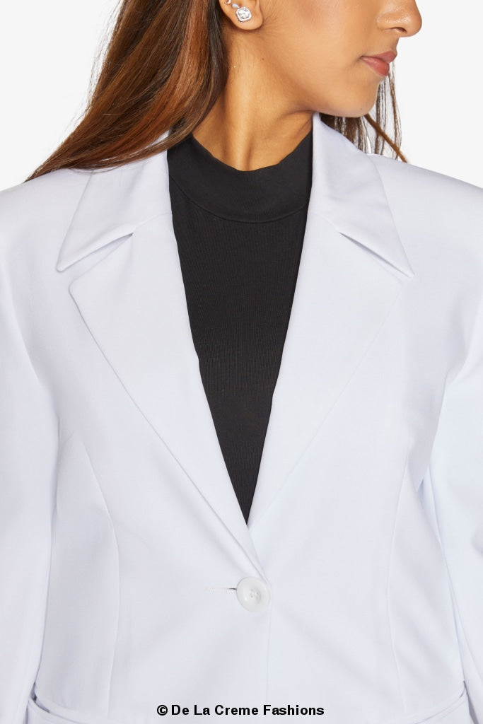Rose Eleusis curved hem longline blazer, stylish jacket with a tailored fit and curved hem design, perfect for a chic look.
