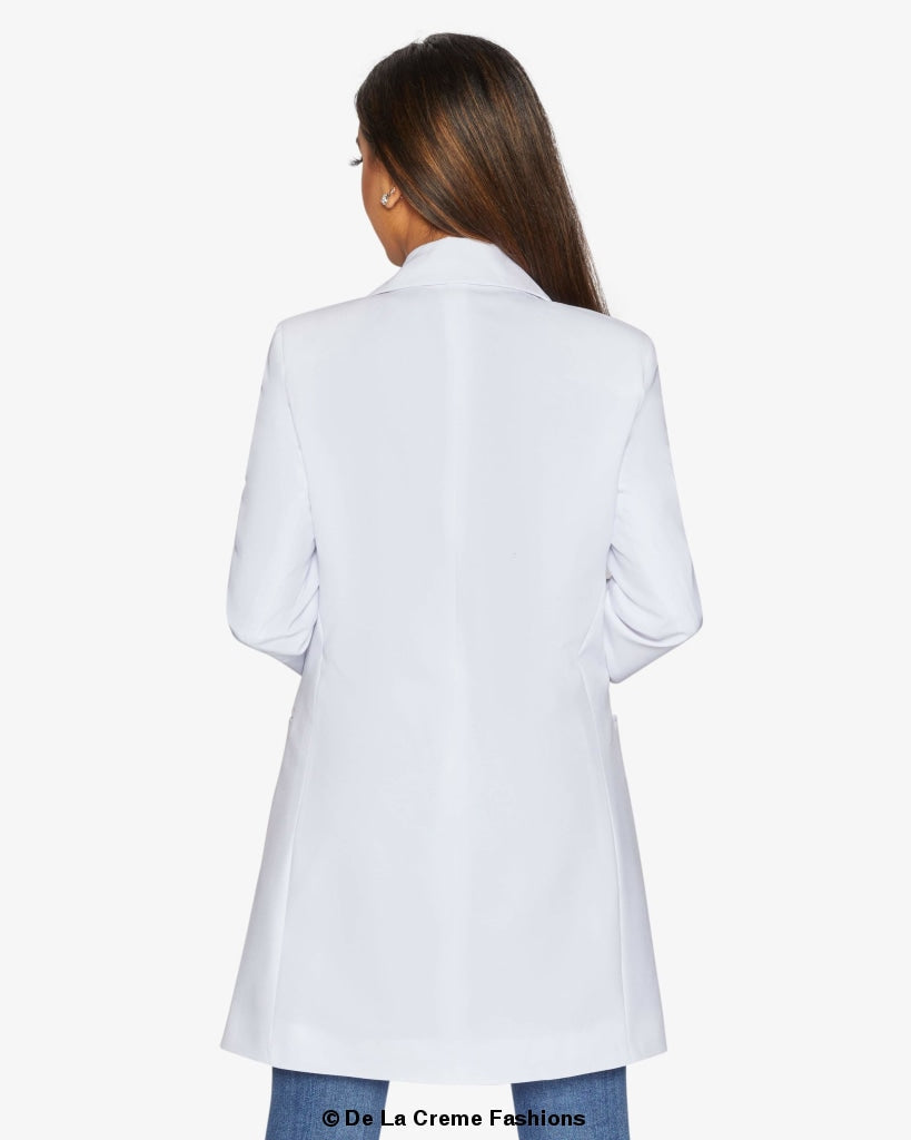 Rose Eleusis curved hem longline blazer featuring a tailored fit and stylish design, shown in a sleek, modern jacket image.