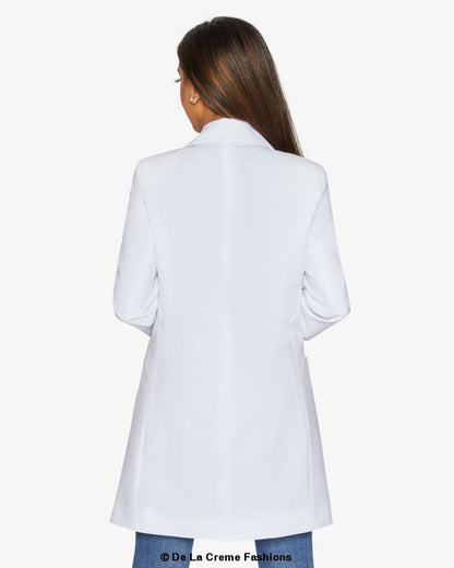 Rose Eleusis curved hem longline blazer featuring a tailored fit and stylish design, shown in a sleek, modern jacket image.