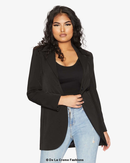 Rose Eleusis curved hem longline blazer with tailored fit and structured design, shown in a stylish jacket image.