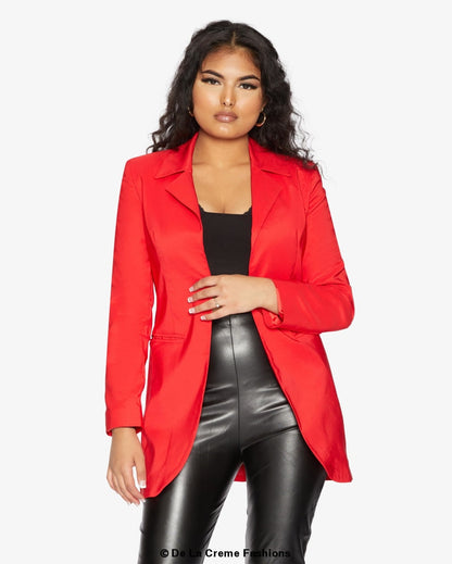 Rose Eleusis curved hem longline blazer, stylish tailored jacket with a curved hem and longline design, suitable for formal or casual wear.